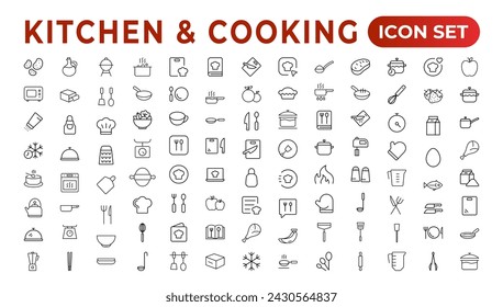 Set of outline icons related to cooking, and kitchen. Linear icon collection. Kitchen and Cooking thin line web icon set. Outline icons collection. Kitchen utensils - pan, oven, cookbook, saucepan.