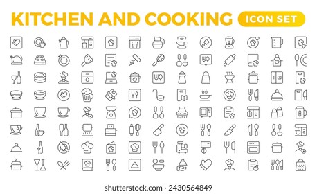 Set of outline icons related to cooking, and kitchen. Linear icon collection. Kitchen and Cooking thin line web icon set. Outline icons collection. Kitchen utensils - pan, oven, cookbook, saucepan.