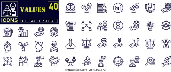 Set of outline icons related to core values. Core Values, Integrity, Innovation, Growth, Goal, Trust, Teamwork, Customers .