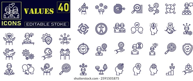 Set of outline icons related to core values. Core Values, Integrity, Innovation, Growth, Goal, Trust, Teamwork, Customers .