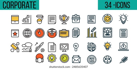 Set of outline icons related to corporate. Linear icon collection. Vector illustration