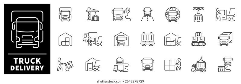 Set of outline icons related to delivery and logistics. Truck delivery linear vector icons. Delivery service, shipping, logistics, transportation, cargo, truck vector Icons set