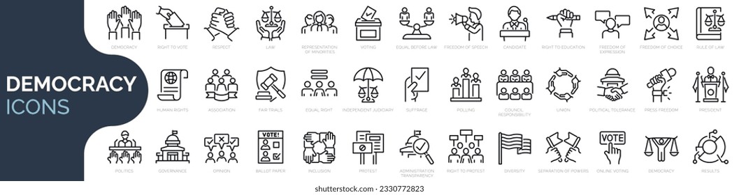 Set of outline icons related democracy, politics, voting, election. Linear icon collection. Editable stroke. Vector illustration