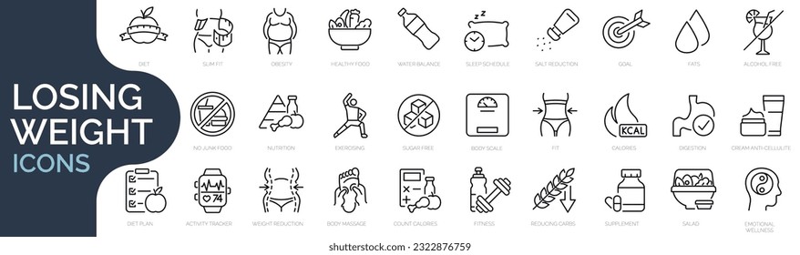 Set of outline icons related to diet, lose weight, nutrition. Linear icon collection. Editable stroke. Vector illustration