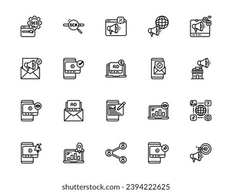 Set of outline icons related to digital  marketing. Editable stroke. Outline icons suitable for web, infographics, interface, and apps.