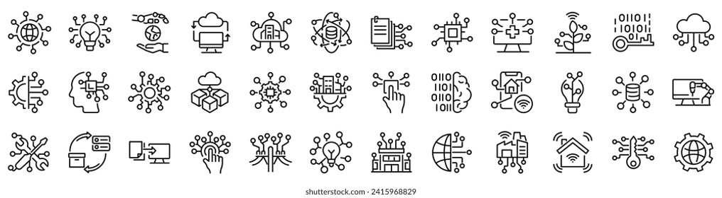 Set of outline icons related to digital transformation. Linear icon collection. Editable stroke. Vector illustration svg