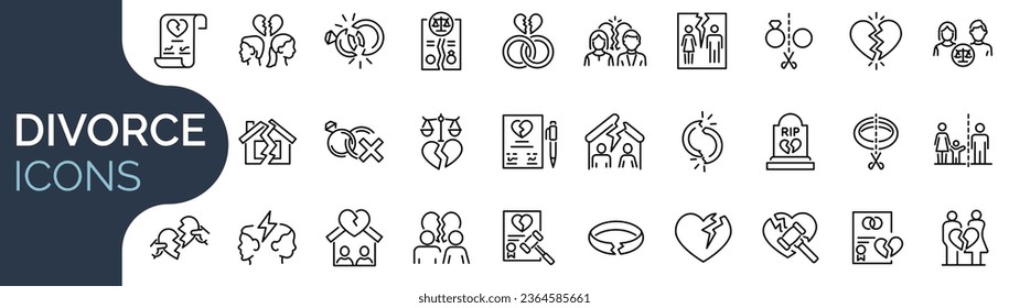 Set of outline icons related to divorce. Linear icon collection. Editable stroke. Vector illustration