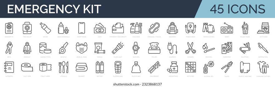 Set of outline icons related emergency kit, survival kit, grab-and-go bag, checklist for evacuation. Linear icon collection. Editable stroke. Vector illustration