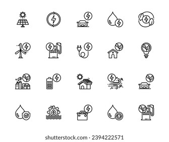 Set of outline icons related to energy saving and green energy. Editable stroke. Outline icons suitable for web, infographics, interface, and apps.