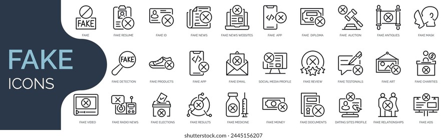 Set of outline icons related to fake. Linear icon collection. Editable stroke. Vector illustration