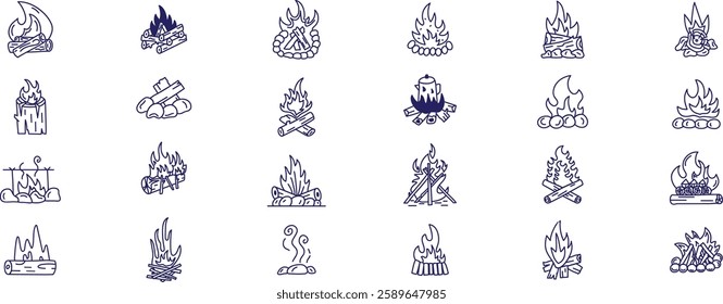 Set of outline icons related to fire, flame.  Campfire or bonfire, camping area, survival adventure fire place, camping or campfire scout vector  .