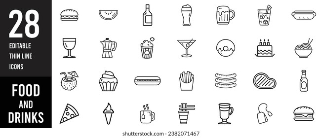 Conjunto de iconos de contorno relacionados con los alimentos y bebidas. Colección de iconos lineales. Línea delgada editable. Ilustración del vector