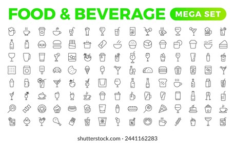 Set of outline icons related to food and drink. Linear icon collection. Fast food and drinks line icons collection. Bar, restaurant, food icons. UI icon set. Thin outline icons pack.