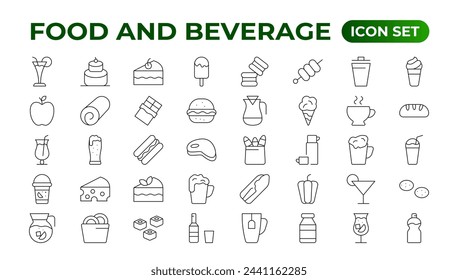 Set of outline icons related to food and drink. Linear icon collection. Fast food and drinks line icons collection. Bar, restaurant, food icons. UI icon set. Thin outline icons pack.