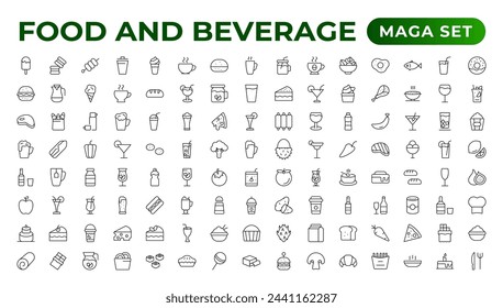 Set of outline icons related to food and drink. Linear icon collection. Fast food and drinks line icons collection. Bar, restaurant, food icons. UI icon set. Thin outline icons pack.