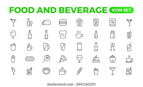 Set of outline icons related to food and drink. Linear icon collection. Fast food and drinks line icons collection. Bar, restaurant, food icons. UI icon set. Thin outline icons pack.