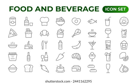 Set of outline icons related to food and drink. Linear icon collection. Fast food and drinks line icons collection. Bar, restaurant, food icons. UI icon set. Thin outline icons pack.