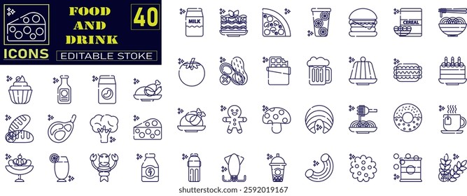 Set of outline icons related to food and drink. Meal, restaurant, dishes, fruits, fastfood, burger, pizza, coffee, sandwich