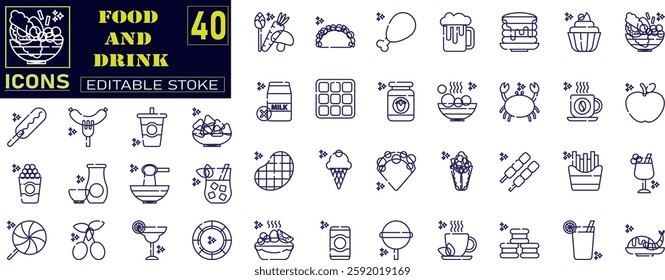Set of outline icons related to food and drink. Meal, restaurant, dishes, fruits, fastfood, burger, pizza, coffee, sandwich