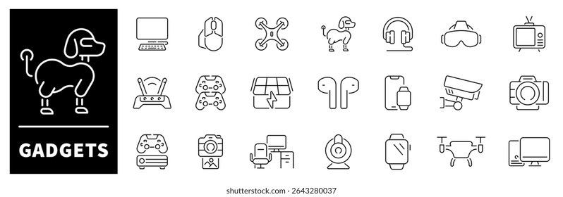 Set of outline icons related to gadgets and devices. Gadgets linear vector icons. Smart devices, technology, computer, monitor, smartphone, tablet, laptop, drone, pc, wifi router, gadgets icons.
