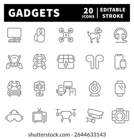 Conjunto de ícones da estrutura de tópicos relacionados a gadgets e dispositivos. Ícones de vetor linear de gadgets