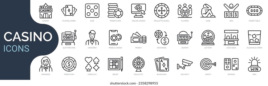 Set of outline icons related to gambling, casino. Linear icon collection. Editable stroke. Vector illustration