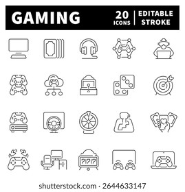 Conjunto de ícones de tópicos relacionados a jogos e videogames. Jogos de ícones vetoriais lineares. Console de jogos, player, multiplayer, cassino, ícones de vetor de videogames