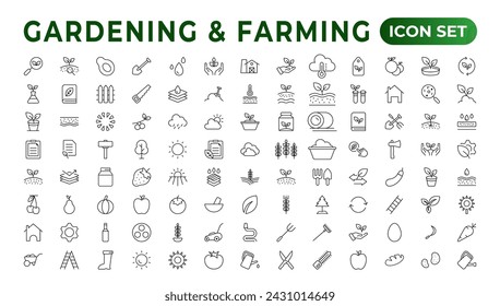 Set of outline icons related to gardening, landscaping, and farming. Linear icon collection.Set of horticulture Icons. Farming and agriculture outline icon collection. Outline icon set.
