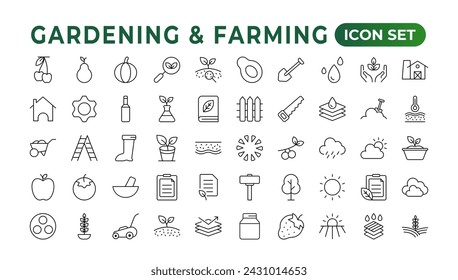 Set of outline icons related to gardening, landscaping, and farming. Linear icon collection.Set of horticulture Icons. Farming and agriculture outline icon collection. Outline icon set.