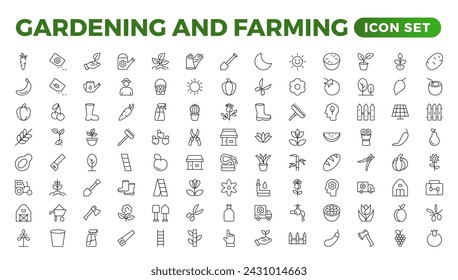 Set of outline icons related to gardening, landscaping, and farming. Linear icon collection.Set of horticulture Icons. Farming and agriculture outline icon collection. Outline icon set.