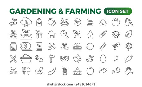 Conjunto de iconos de esquema relacionados con la jardinería, el paisajismo y la agricultura. Colección de iconos lineales.Conjunto de iconos de horticultura. Colección de iconos de esquema de agricultura y agricultura. Conjunto de iconos de esquema.