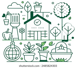 Set of  outline icons related to gardening, landscaping, farming. Linear icon collection. Editable stroke. Vector illustration