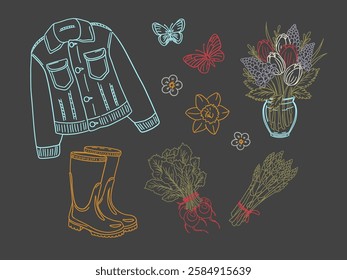 A set of outline icons related to gardening. Denim jacket, rubber boots, bouquet in vase, tulips, daffodils, hyacinths, organic farm vegetables such as asparagus, radishes, turnips. Doodle style lines