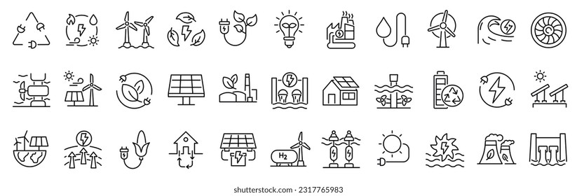 Conjunto de iconos de esquema relacionados con energía verde, renovable, fuentes alternativas de energía. Colección de iconos ecológicos. Trazo editable. Ilustración vectorial. 