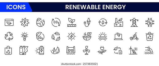 Set of outline icons related to green, renewable, and alternative energy sources. Eco icon collection. Vector illustration.