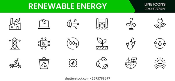 Set of outline icons related to green, renewable, and alternative energy sources. Eco icon collection. Vector illustration.