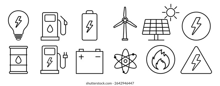 Conjunto de ícones relacionados a energia verde, renovável, fontes alternativas de energia. Coleção de ícones da Eco. Traçado editável. Ilustração vetorial.