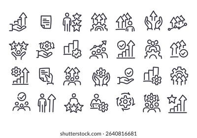 Set of outline icons related to growth, work, success, system, profit, team building, teamwork, management, motivation and more. Linear icons collection. Hand drawn vector illustration.