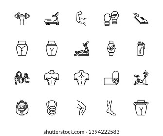 Set of outline icons related to gym, fitness, and workout. Editable stroke. Outline icons suitable for web, infographics, interface, and apps.
