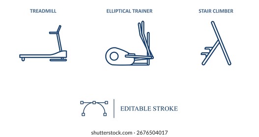 Set of outline icons related to gym. Linear icon collection. Editable stroke. Vector illustration