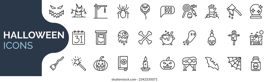 Set of outline icons related to halloween. Linear icon collection. Editable stroke. Vector illustration