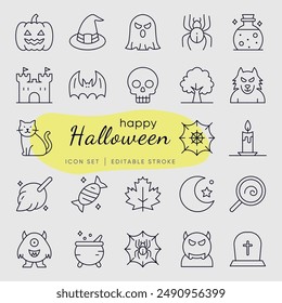 Set of outline icons related to halloween. Linear icon collection. Editable stroke. Vector illustration