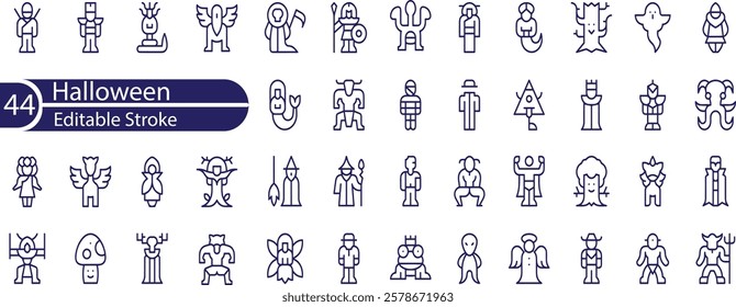 Set of outline icons related to Halloween. Linear icon collection. Editable stroke.