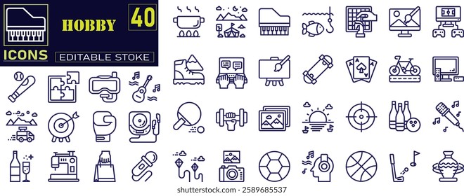 Set of outline icons related to hobby. Big UI icon set in a flat design. Thin outline icons pack. Vector illustration