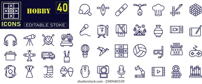 Set of outline icons related to hobby. Big UI icon set in a flat design. Thin outline icons pack. Vector illustration