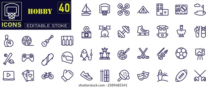 Set of outline icons related to hobby. Big UI icon set in a flat design. Thin outline icons pack. Vector illustration