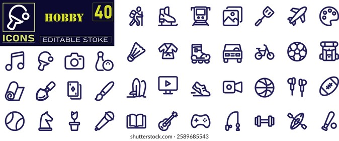 Set of outline icons related to hobby. Big UI icon set in a flat design. Thin outline icons pack. Vector illustration