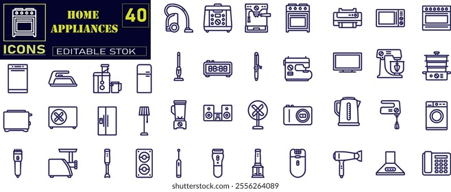 Set of outline icons related to home appliance. Linear icon collection.