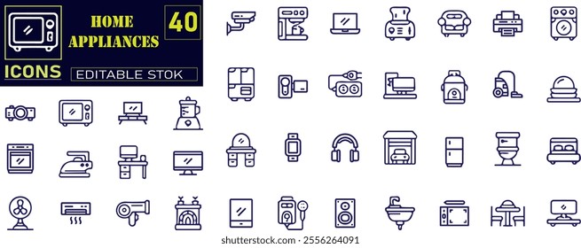 Set of outline icons related to home appliance. Linear icon collection.