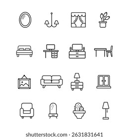 Set of outline icons related to home interior. Modern furniture icon set - minimalist linear style for home decor projects. Vector illustration.